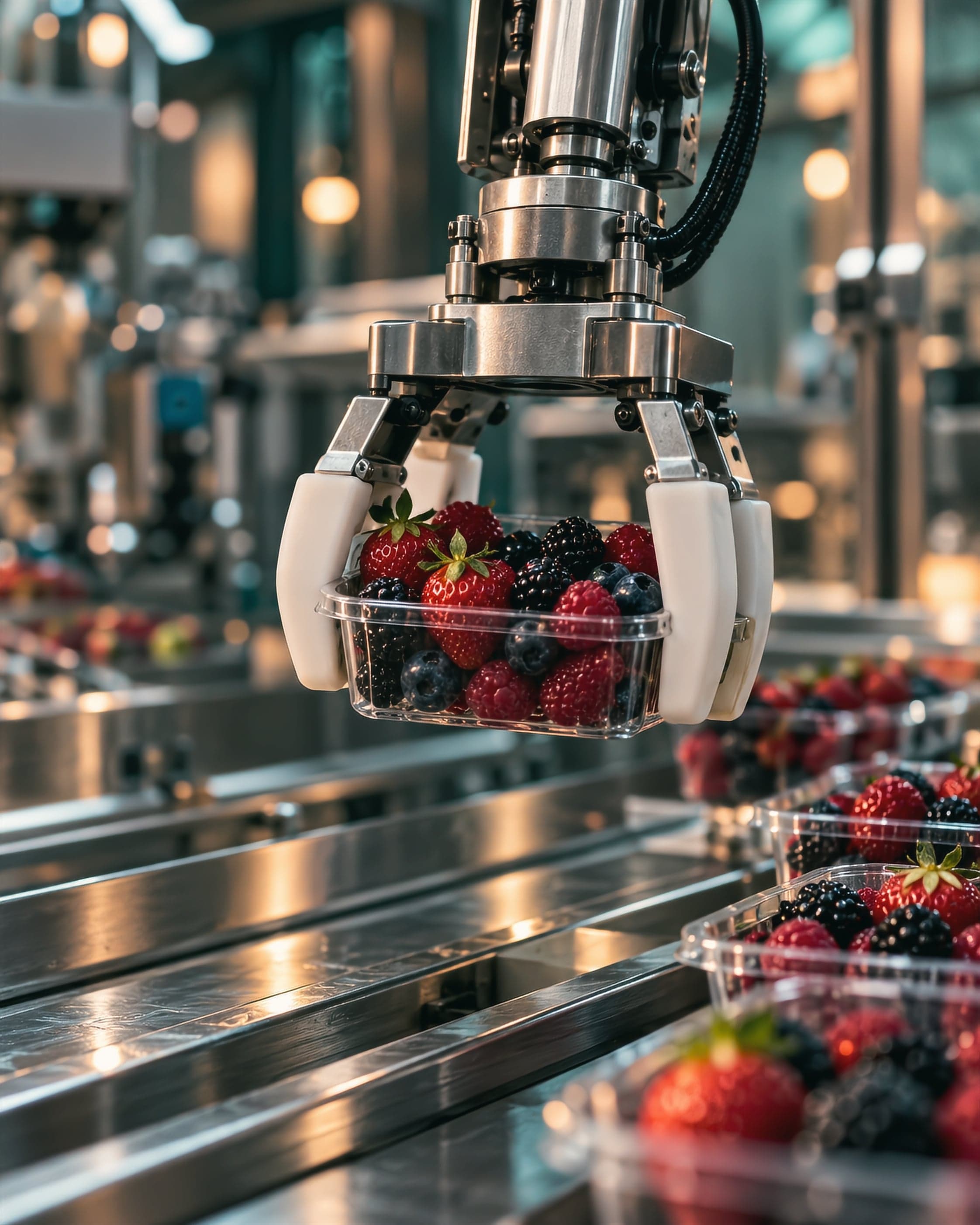 Роботизированный захват переносит лоток с продуктами над конвейером