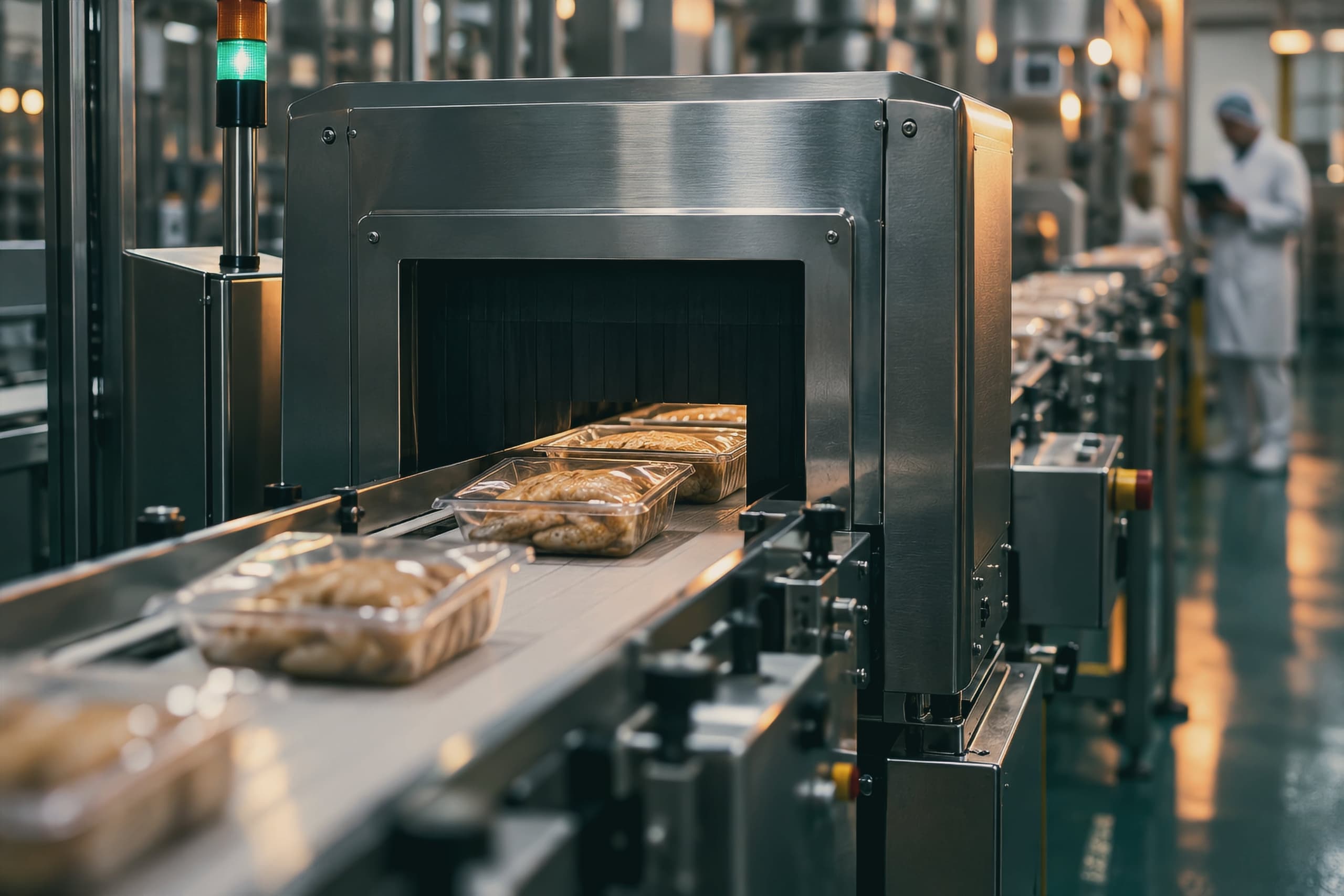 Рентген-контроль упакованной продукции на конвейере, инспектор с планшетом