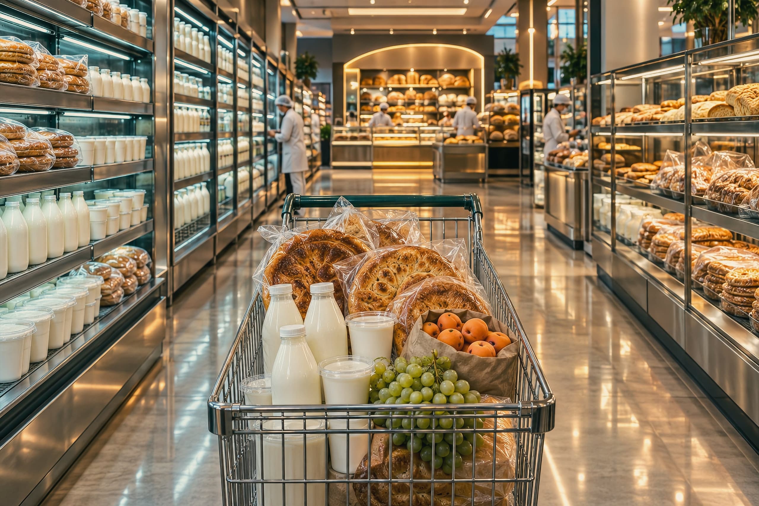Гипермаркет в Ташкенте: тележка с лепёшками, молочными продуктами и фруктами в длинном проходе с полными полками